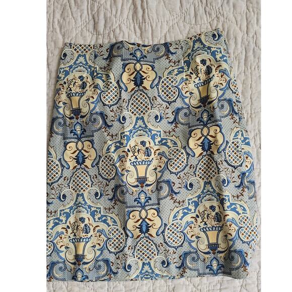 Gorgeous Vintage Talbots Blue Willow Floral Stretch Pencil Skirt‎ 8 Petite Ivory - Picture 1 of 4